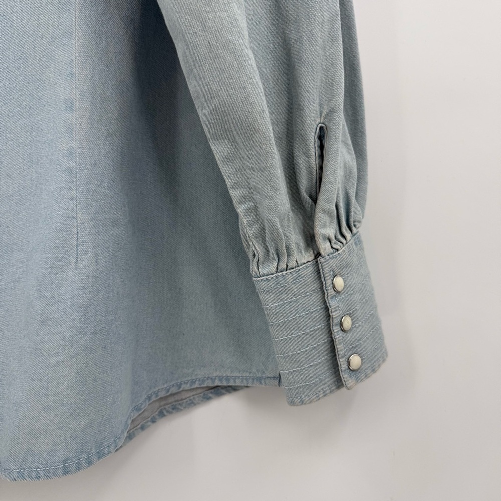 WRANGLER Retro Poet Puff Sleeve Pearl Snap Shirt Denim Rodeo In Light Wash XL - Picture 11 of 15